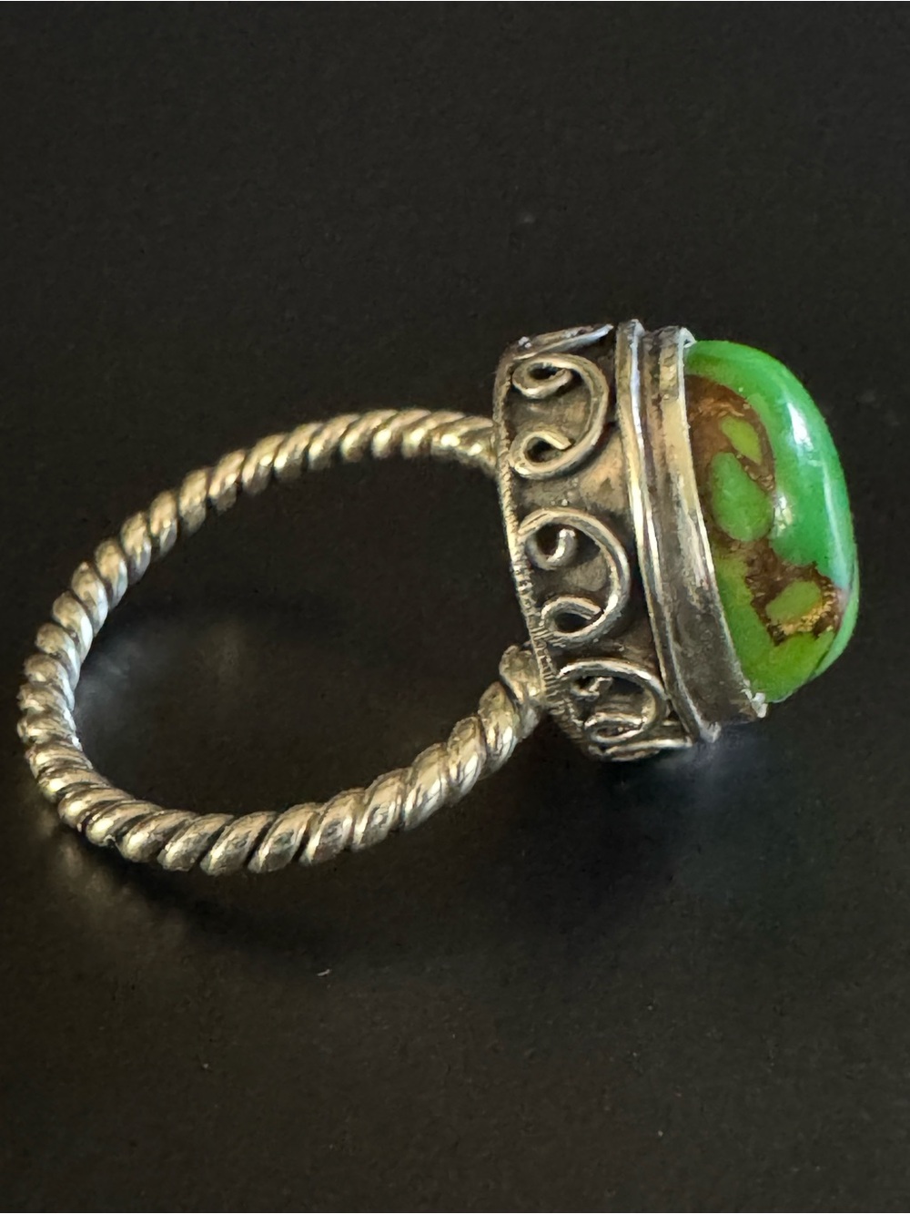 Sterling Silver Green Turquoise Bali Ring - Artisan Filigree - Size 5 - Picture 3 of 8
